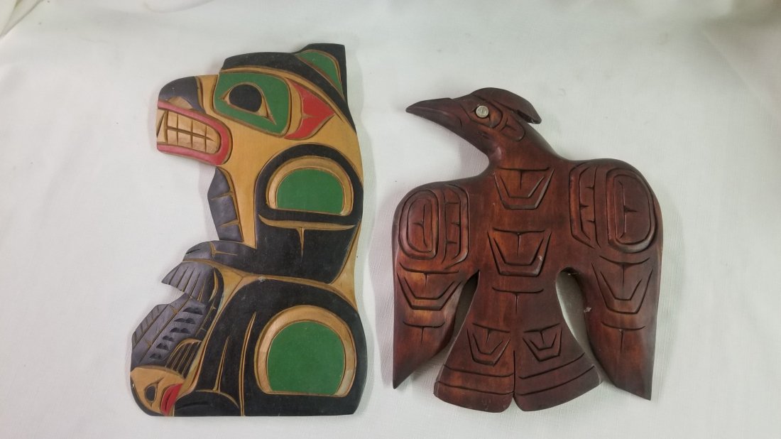 Wood Carved Raven and Bear with Salmon Signed: Greg Whitesell Signed Carved Wood Raven with Abalone Shell Eye 10" x 12", George Matilon Signed Carved Wood Bear with Salmon 14" x 8"