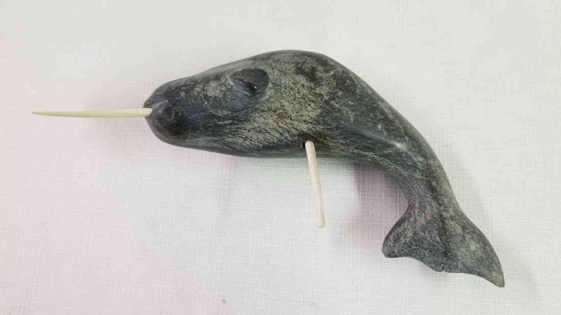 Alaskan Stone Carved Whale with Bone Tusks: Alaskan Stone Carved Whale with Bone Tusks 9"