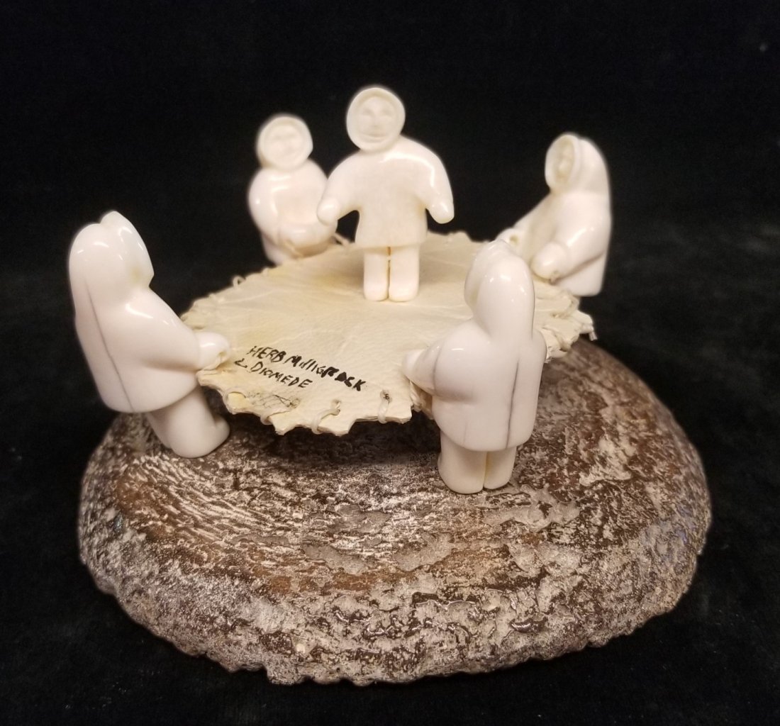 Carved Bone "Eskimo Children Playing" Signed: Carved Bone "Eskimo Children Playing" Signed by Herb Milligrack and L. Diomede 5"w x 3"H