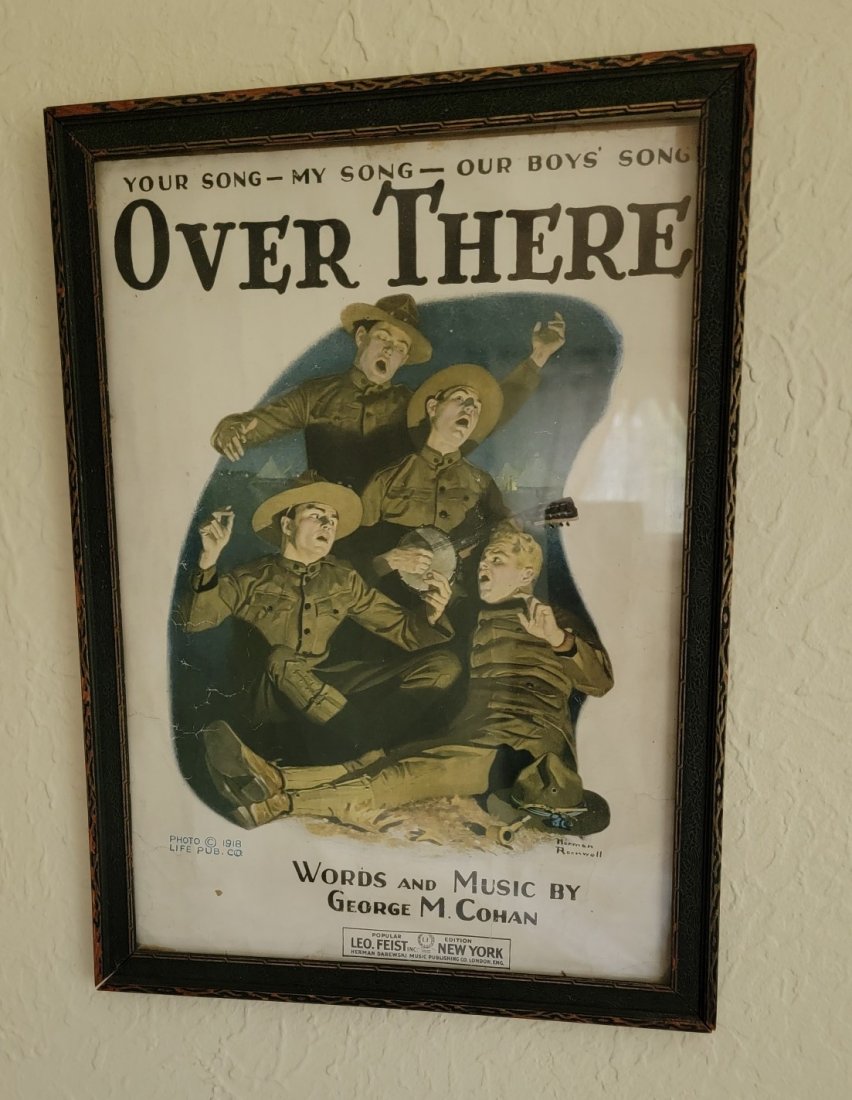 Norman Rockwell Military Sheet Music Cover: Norman Rockwell Military Sheet Music Cover "Your Song, Our Song, Our Boys' Song Over There" in Antique Frame 11" x 15"