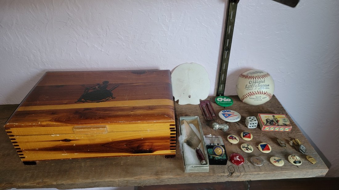 Masonic and Other Pins, Cedar Dresser Box, Misc: Masonic Trowel and Pins, Ohio, Harold Teen, Editor in Chief, Staff and Other Vintage Pins Cedar Dresser Box, Baseball, Sand Dollar, Misc