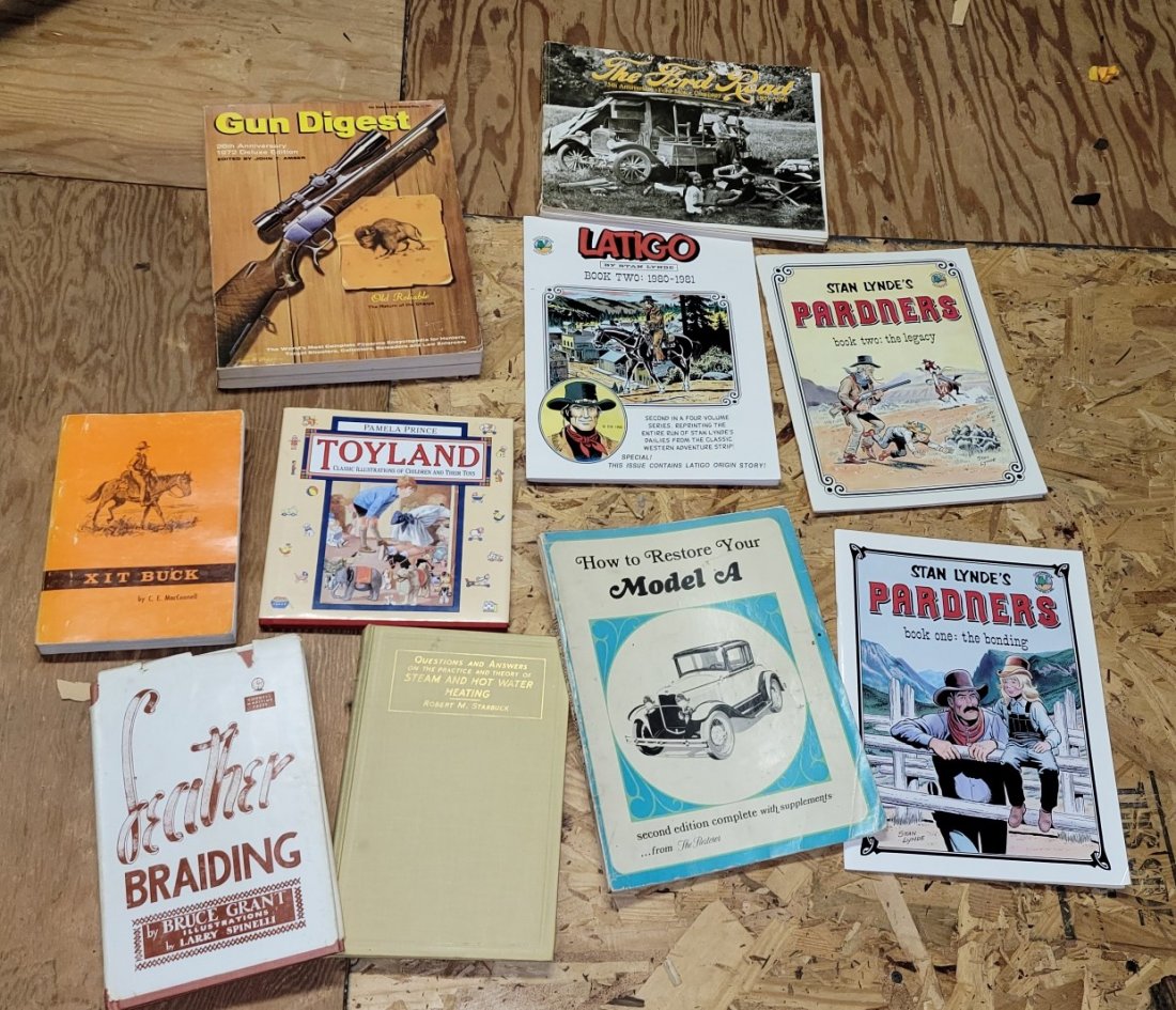 Ephemera: Gun Digest, The Ford Road, Latigo, Stan Lynde's Pardners, Toy Land, XIT Buck, Leather Braiding, How to Restore your Model A and Steam and Hot Water Heating Books