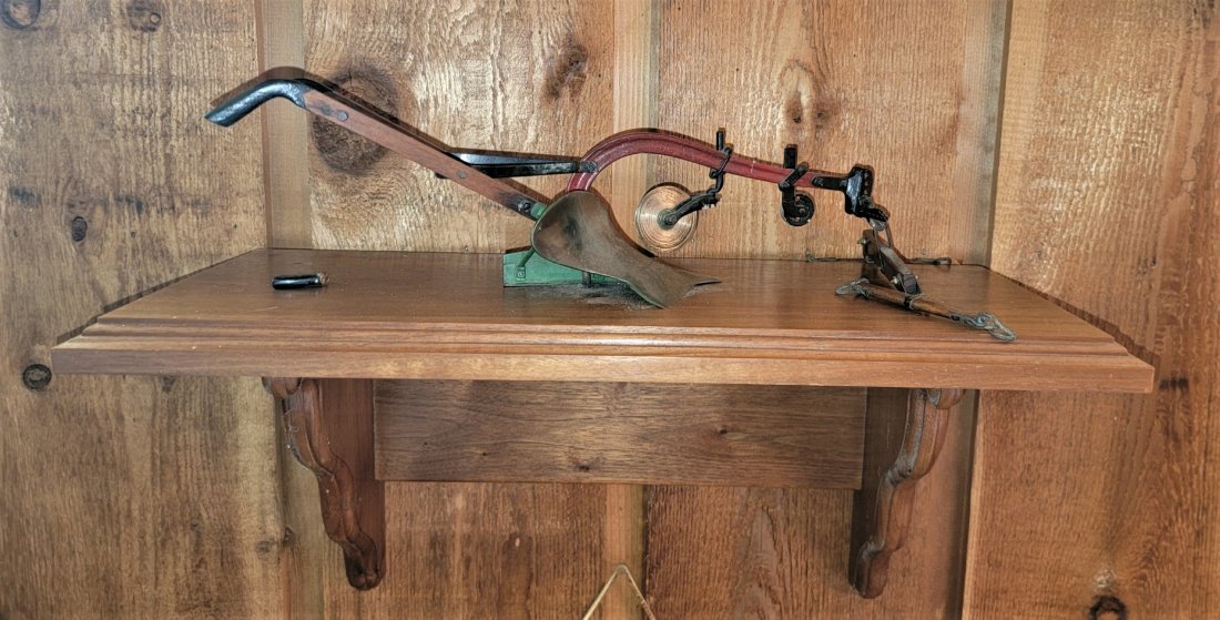 Farm Implement Model, Pine Wall Shelf: 13" Farm Implement Model (Handle needs Repaired), Pine Wall Shelf