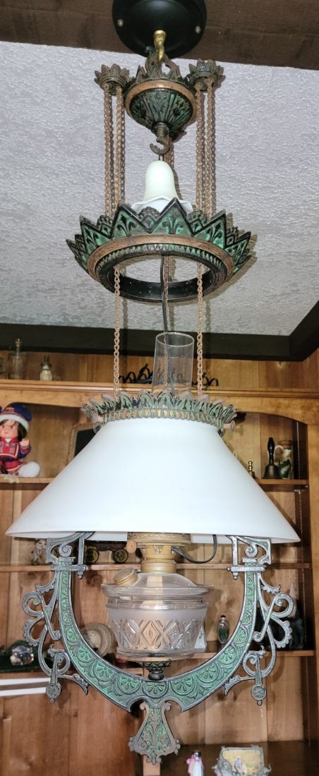 Cast Iron Hanging Lamp w Milk Glass Shade & Smoke Bell: Cast Iron Hanging Lamp w Milk Glass Shade and Smoke Bell