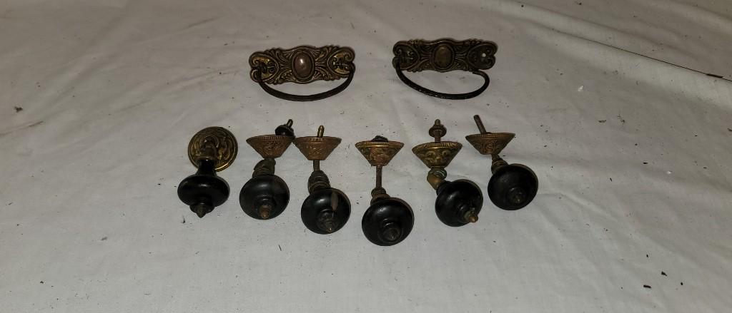 Victorian Hardware: 6 Victorian Teardrop Pulls with Back Plates, 2 Victorian Brass Drawer Pulls