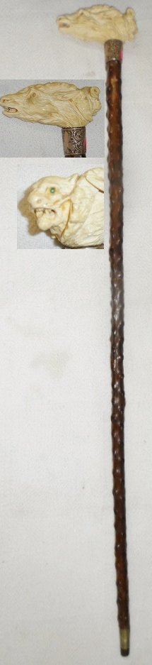 3' Wooden Cane with Solid Silver Neck and Ivory Animal: 3' Wooden Cane with Solid Silver Neck and Ivory Animal Heads