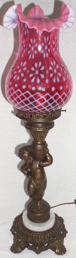 L&L WMC Brass Figural Lamp With Cranberry Opal. Shade: 27" 1971 L&L WMC Brass Figural Lamp With Cranberry Opalescent Shade