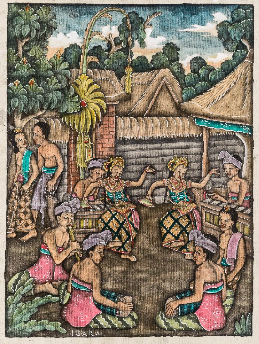 MUSIC AND DANCES OF BEAUTIFUL GIRLS: Colorful painting on canvas. Indonesia, Bali, 20th cent. In the middle of a big gong are two lovely, lavishly dressed girls performing a dance. At their sides, musicians playing a kind of xylophone, s