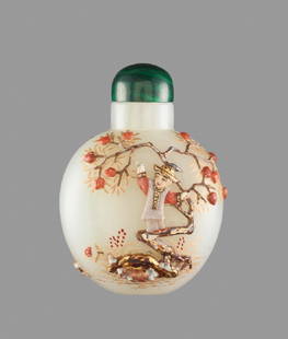 AN EMBELLISHED WHITE JADE ‘PEACH PICKING’ SNUFF BOTTLE: AN EMBELLISHED WHITE JADE ‘PEACH PICKING’ SNUFF BOTTLE, QING DYNASTY White nephrite jade of even color with fine and smooth hand polish. China, The bottle: 1750-1850. The embellishment: TSUDA FAMI