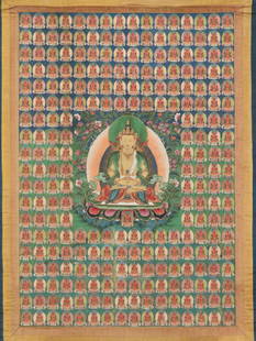 A THANGKA DEPICTING AMITAYUS: Distemper on cloth, framed in linen mounting with silk. Sino-Tibetan, 18th/19th century Amitayus, the Sambhogakaya (enjoyment body) aspect of Buddha Amitabha, is depicted here as the central deity sur