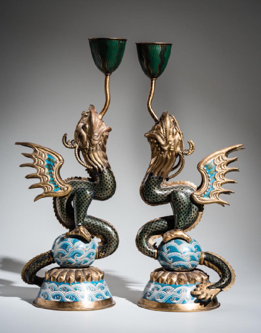 A PAIR OF CLOISONNE CANDLESTICKS IN THE FORM OF DRAGON (1 of 4)