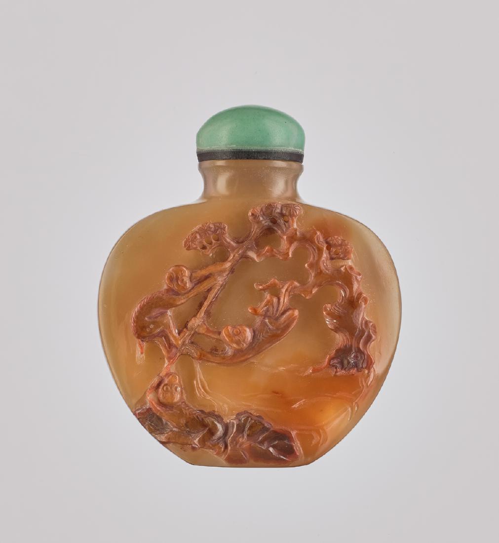 A SHADOW AGATE 'THREE PLAYFUL MONKEYS' BOTTLE, QING (1 of 6)
