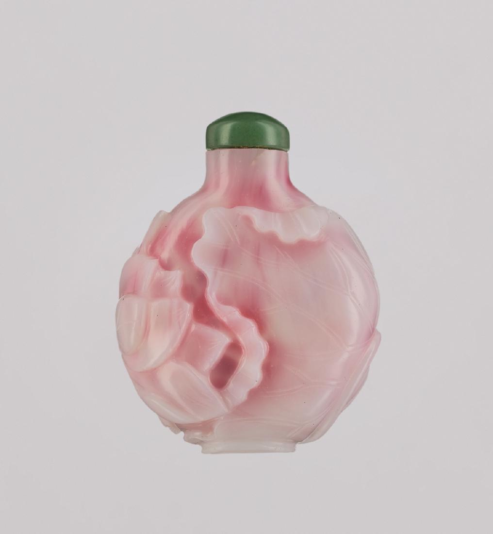 A FINELY CARVED PINK GLASS 'LOTUS' SNUFF BOTTLE (1 of 6)