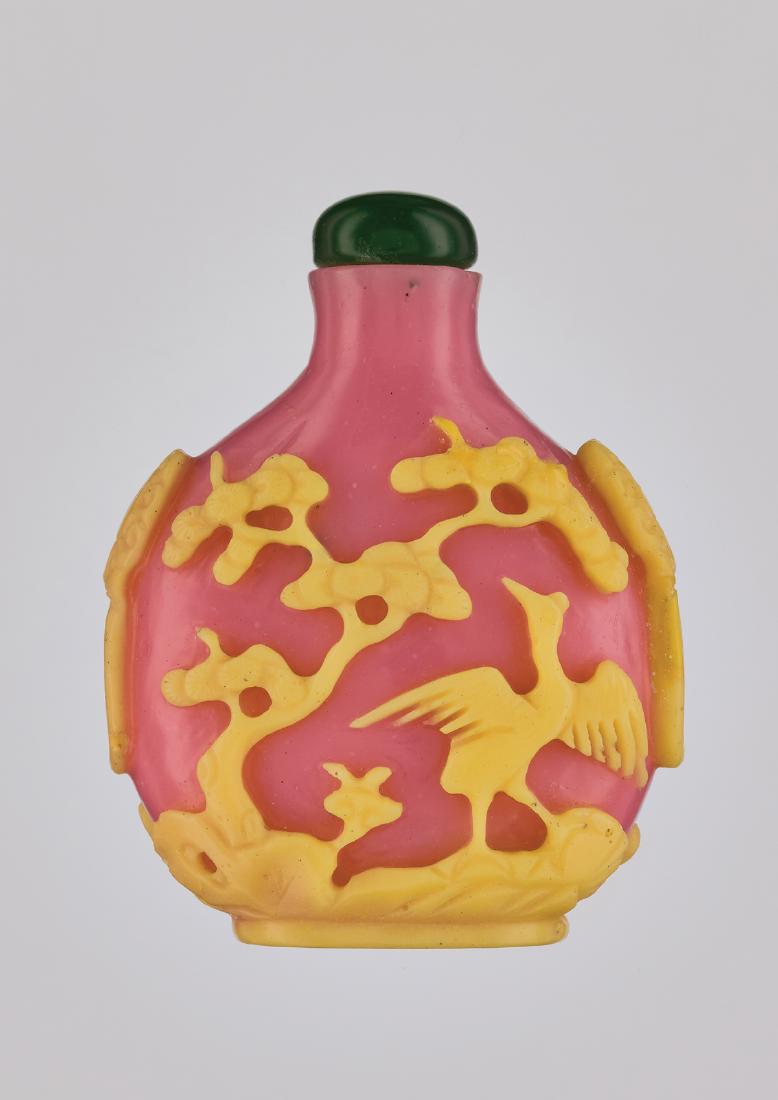 A YELLOW-OVERLAY PINK 'CRANES & PINES' GLASS BOTTLE (1 of 6)