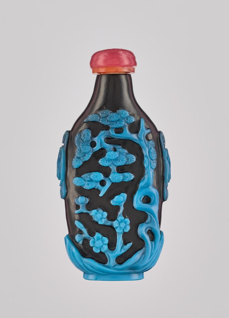 A TURQUOISE OVERLAY GLASS 'PRUNUS & WILLOW' BOTTLE (1 of 6)