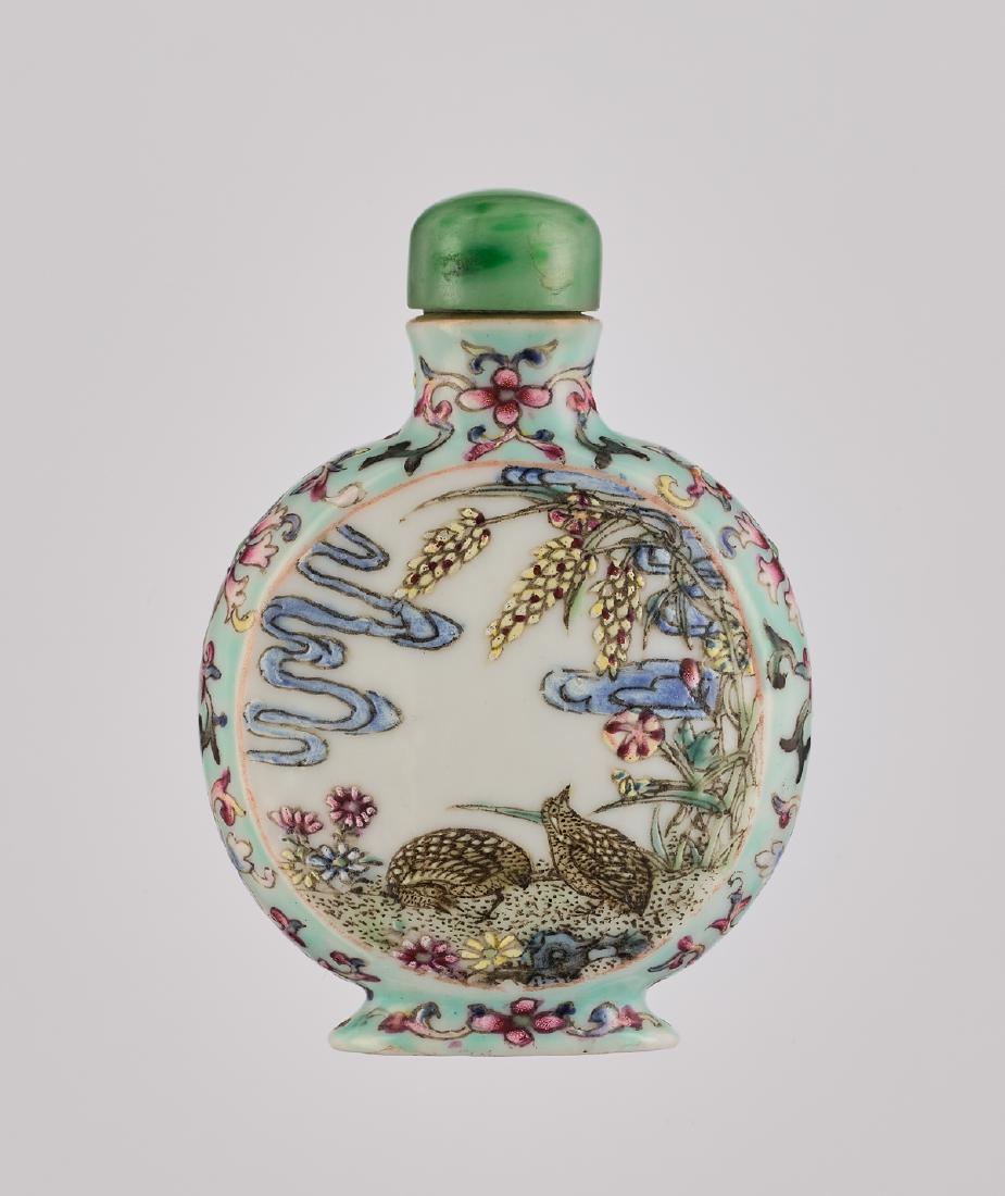 AN ENAMELLED PORCELAIN 'QUAILS AND MAGPIES' BOTTLE (1 of 6)
