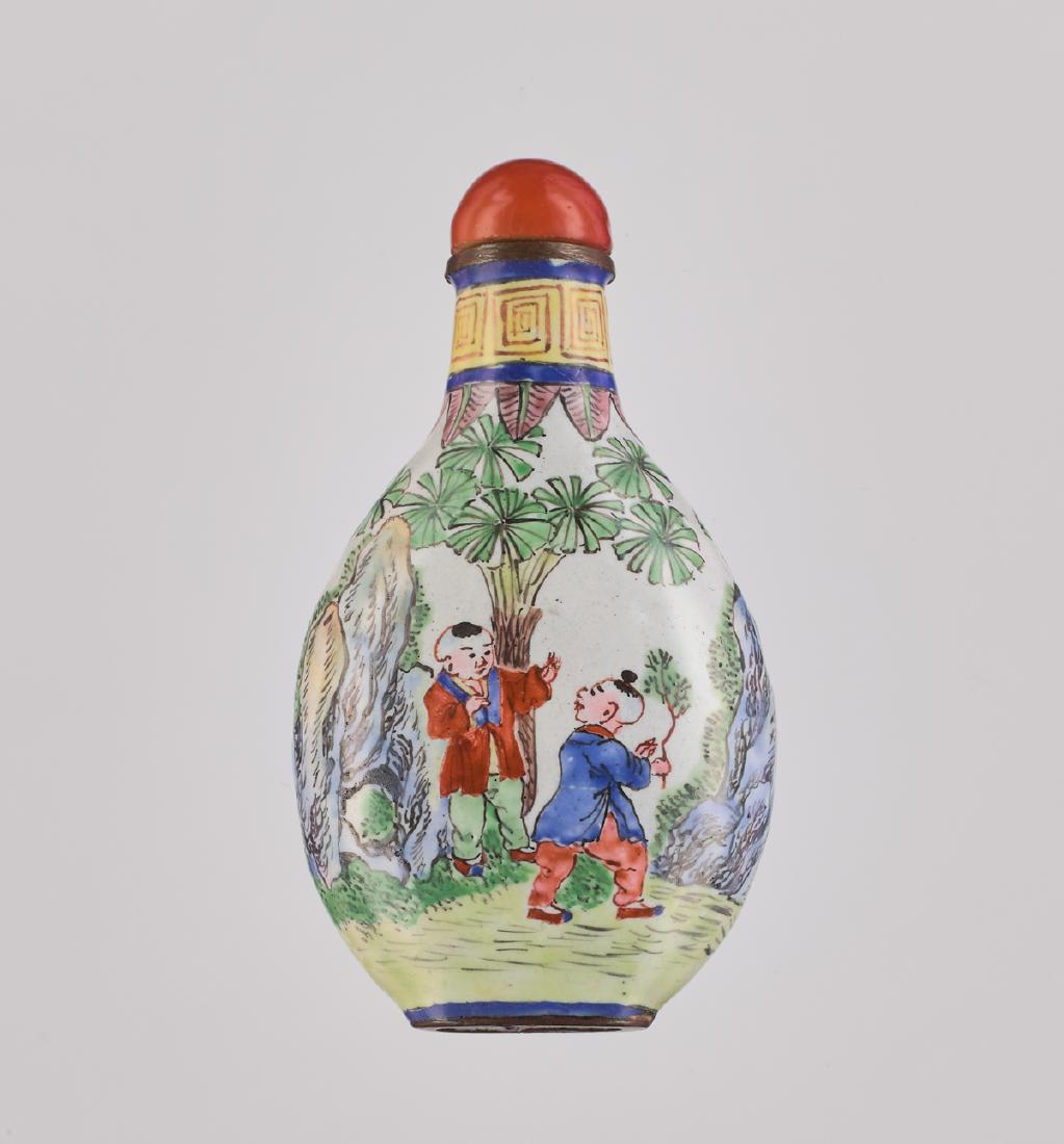 AN ENAMEL ON COPPER 'PLAYFUL BOYS' BOTTLE, CANTON (1 of 6)