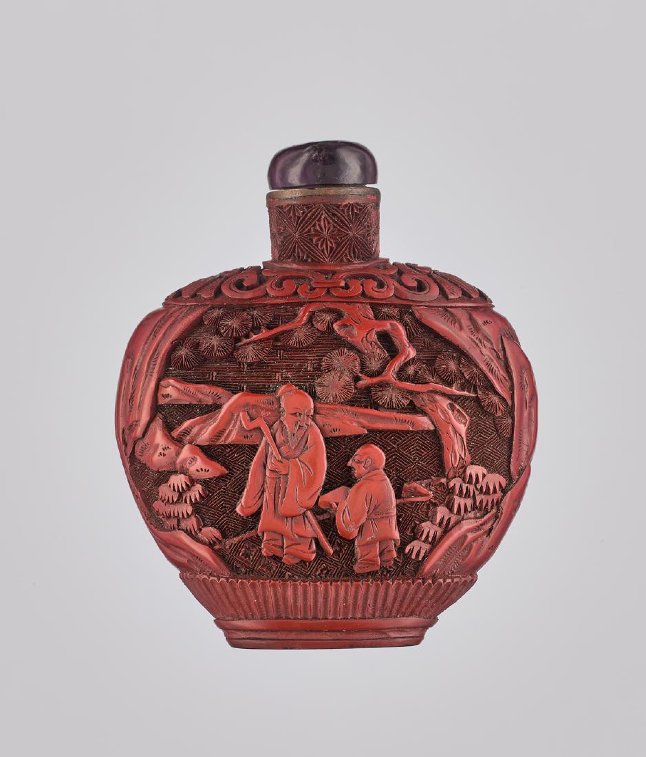 A CINNABAR LACQUER 'SCHOLARS & ATTENDANTS' BOTTLE, QING (1 of 6)