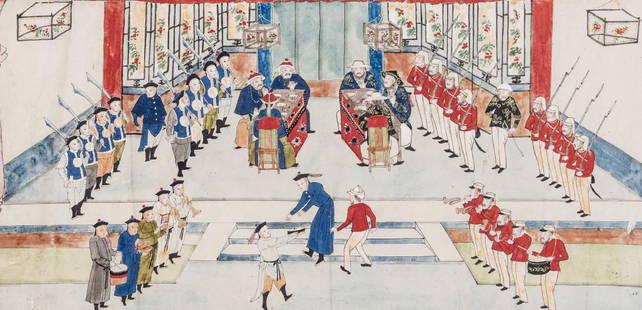 A CHINESE SCHOOL PAINTING 'CONVENTION OF PEKING', 19TH: A CHINESE SCHOOL 19TH CENTURY PAINTING 'CONVENTION OF PEKING' Watercolor, gouache and ink on paper, with a paper mount and wooden end bars China, around 1860 This painting shows an interesting subject