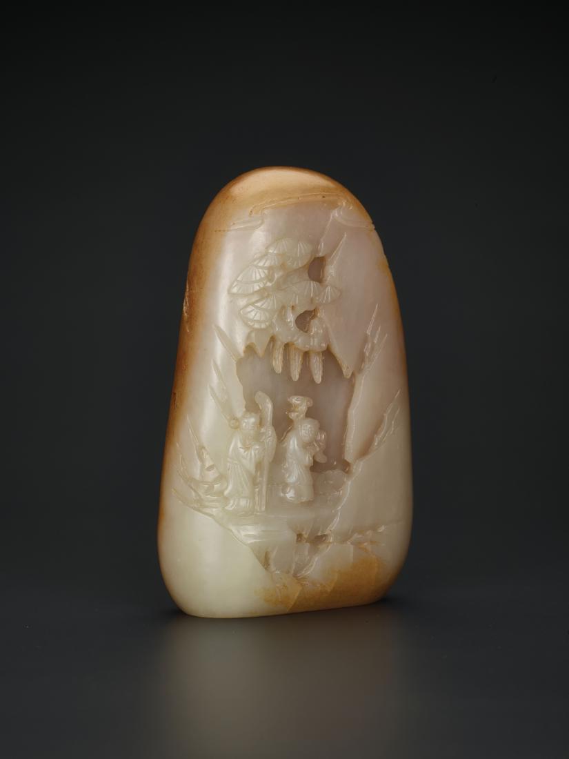 A RUSSET SKIN PALE CELADON JADE 'SCHOLAR' BOULDER, QING (1 of 10)
