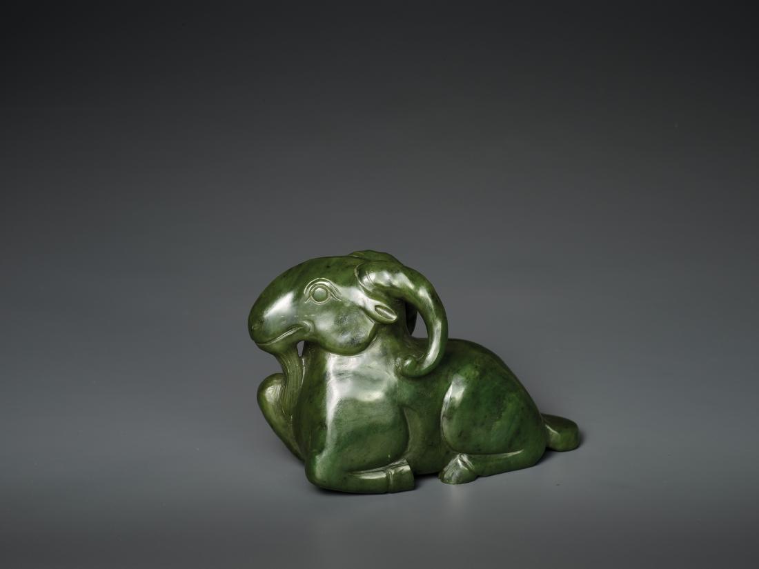 A MASSIVE SPINACH GREEN JADE  OF A RECUMBENT RAM, QING (1 of 7)