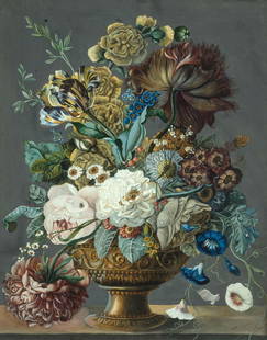 CIRCLE OF THE VIENNA PORCELAIN MANUFACTORY, AROUND 1840: FLOWER PAINTER FROM THE CIRCLE OF THE VIENNA PORCELAIN MANUFACTORY, AROUND 1840 Anonymous Gouache on paper Austria / Vienna, around 1840 This wonderful floral still life is unsigned yet made by a