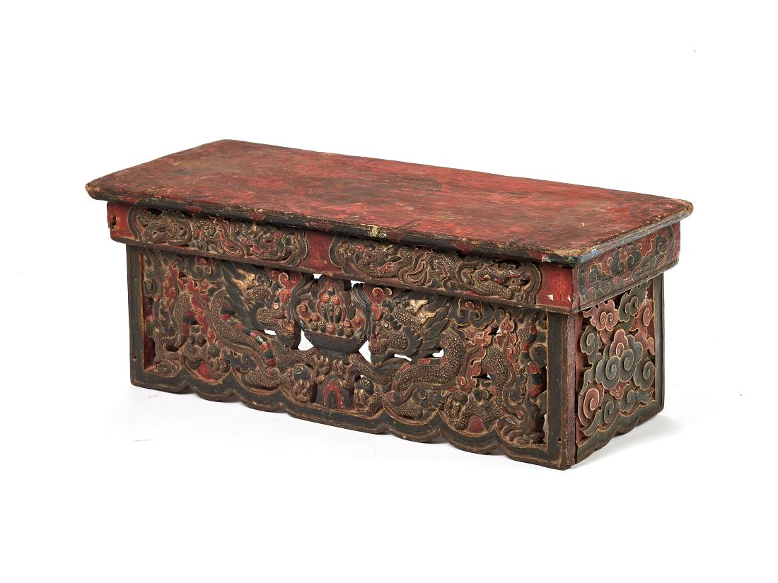 A SMALL CHINESE ALTAR TABLE, LATE QING DYNASTY: A SMALL CHINESE ALTAR TABLE, LATE QING DYNASTY Carved from solid hardwood, with original lacquer coating (rare!) and relief carving depicting confronted dragons China, late 19th – early 20th cen