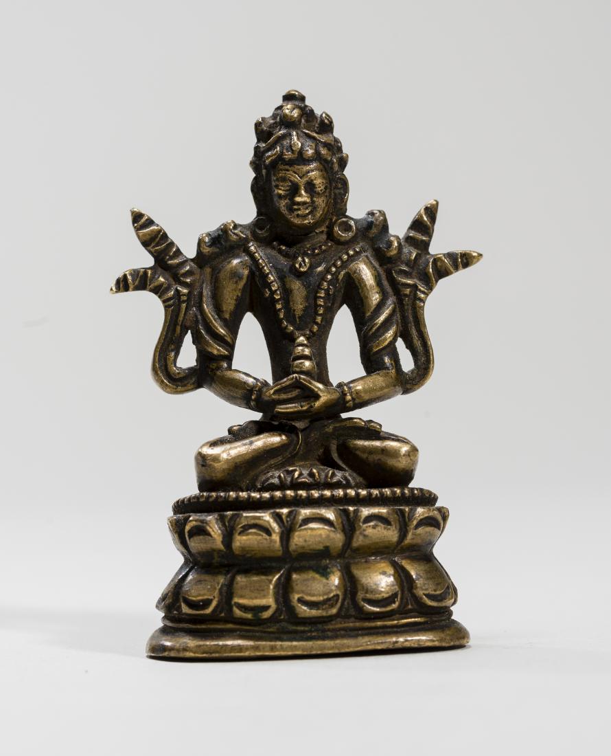 A SINO-TIBETAN MINIATURE BRONZE OF AMITAYUS, 18-19 C.: A SINO-TIBETAN MINIATURE BRONZE OF BUDDHA AMITAYUS, 18TH-19TH CENTURY Fire-gilt bronze Tibet, 18th to 19th century Amitayus is the reflex form of Buddha Amitabha, his special characteristic being the 