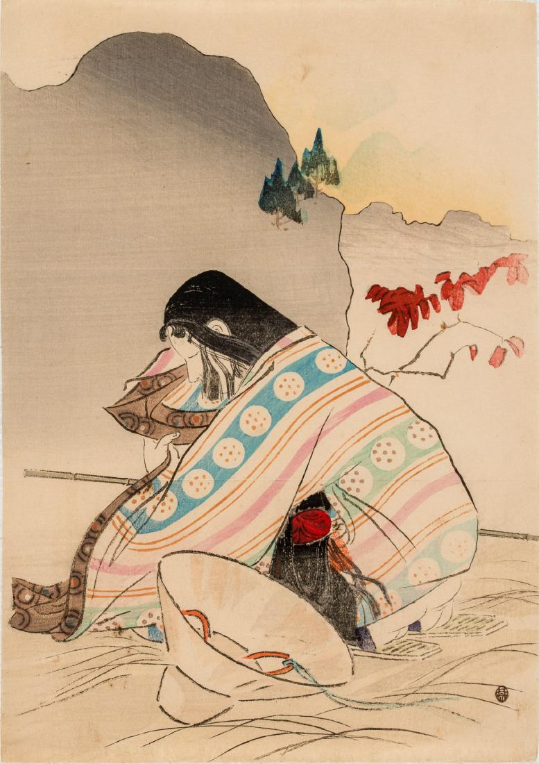MISHIMA SHOZO: WOMAN WORKING IN A FIELD, C. 1900: MISHIMA SHOZO (1856-1928): WOMAN WORKING IN A FIELD, C. 1900 Original color woodblock print Japan, c. 1900 This original color woodblock print by Mishima Shozo (1856-1928) depicts a woman kneeling whi