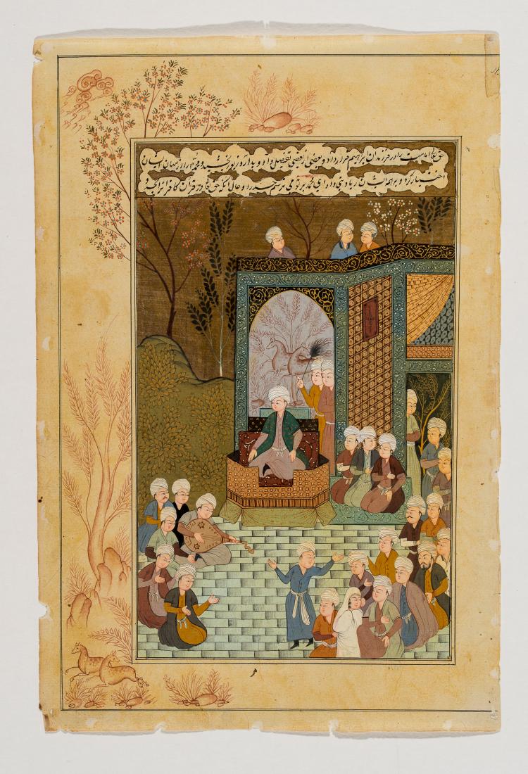 MAHARAJA ON A THRONE - INDO-PERSIAN, 19TH C.: MAHARAJA ON A THRONE WITH ENTOURAGE – INDO-PERSIAN, 19TH CENTURY Miniature painting with gouache and gold on paper India / Persia, 19th century All figures wearing white turbans, mainly disperse