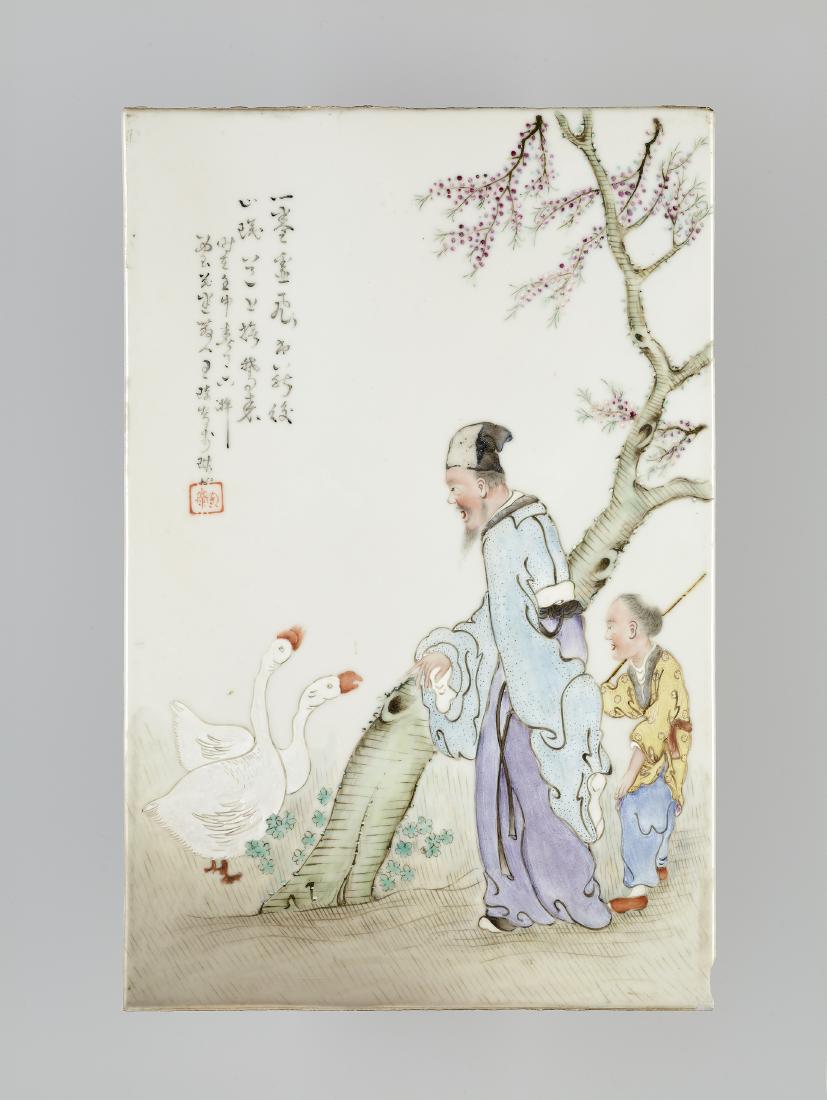 A PORCELAIN PLAQUE BY WANG QI, 1932: A PORCELAIN PLAQUE BY WANG QI, 1932 China, signed Taomi sanren Wang Qi and dated 1932. Seal Tao Zhai. Depiction of Wang Xizhi with two geese and a pupil. Painted in fine polychrome enamels. One poem i