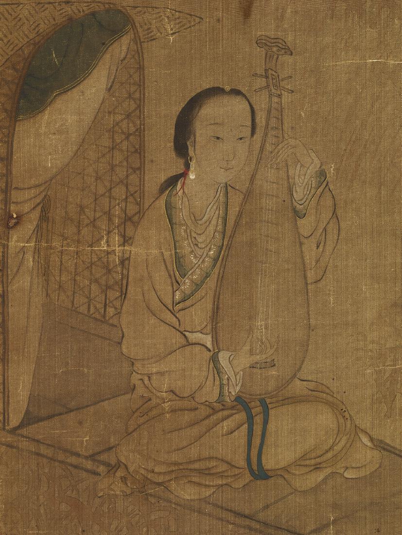 THE PIPA PLAYER, MING DYNASTY: THE PIPA PLAYER, MING DYNASTY A fine Chinese 16th-17th century ink and watercolor painting on silk with a dainty portrait of young girl, playing the pipa. If you watch the painting long enough, you ca