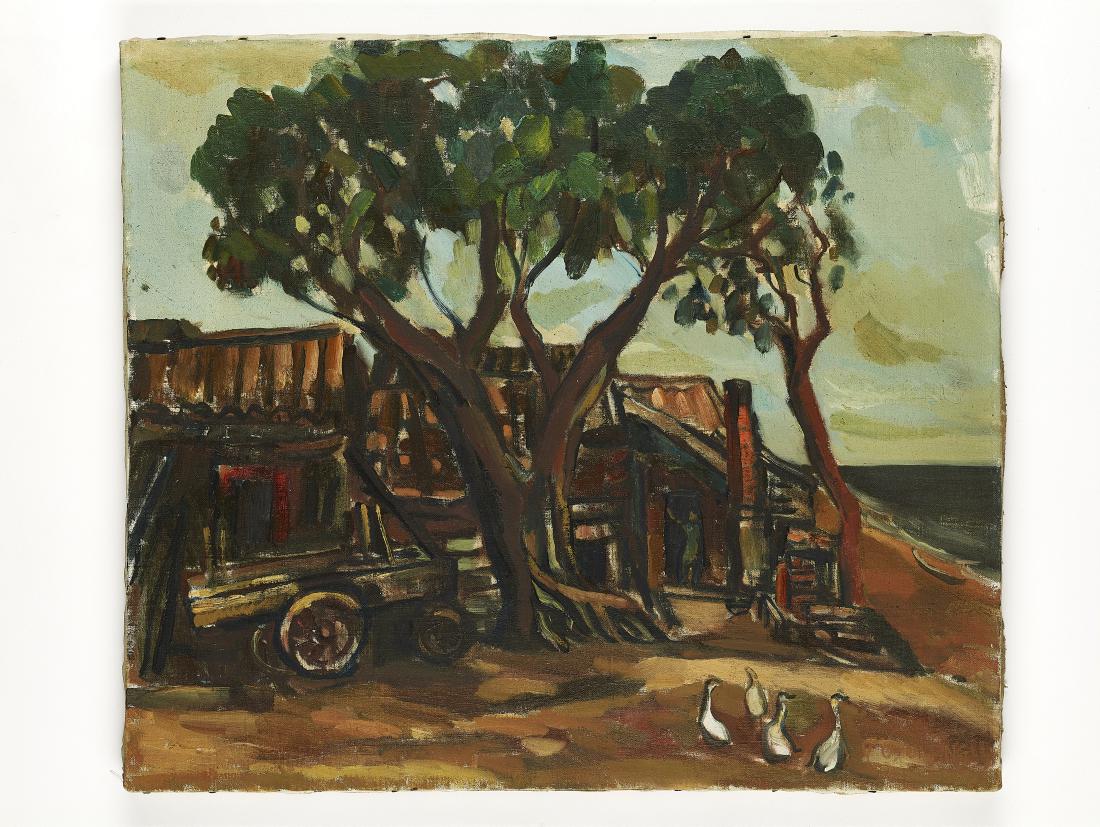 CHANG, Yoshio, (1914-2016): CHANG, Yoshio, (1914-2016) Oil on canvas, signed Y.O. Chang and dated 1955.6 to lower right corner. Red houses on the coast, mother and two children in the foreground. Provenance: German private colle