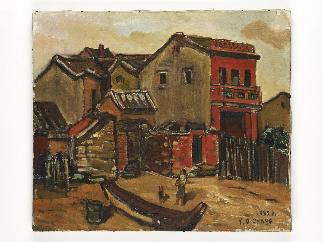 CHANG, Yoshio, (1914-2016): CHANG, Yoshio, (1914-2016) Oil on canvas, signed Y.O. Chang to lower right corner. Several huts and trees on the coast with the ocean on the horizon. A man, a trailer and four geese in the foreground.