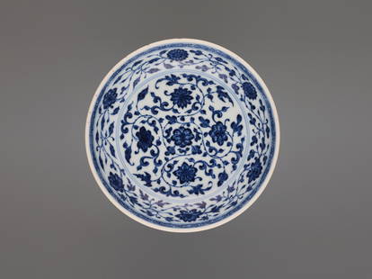 A MING STYLE DISH, QIANLONG MARK AND PERIOD: A MING STYLE DISH, QIANLONG MARK AND PERIOD China, 1736-1795. Six-character Qianlong seal mark in underglaze blue to the base and of the period. Delicately potted with a raised thin foot rim, the base