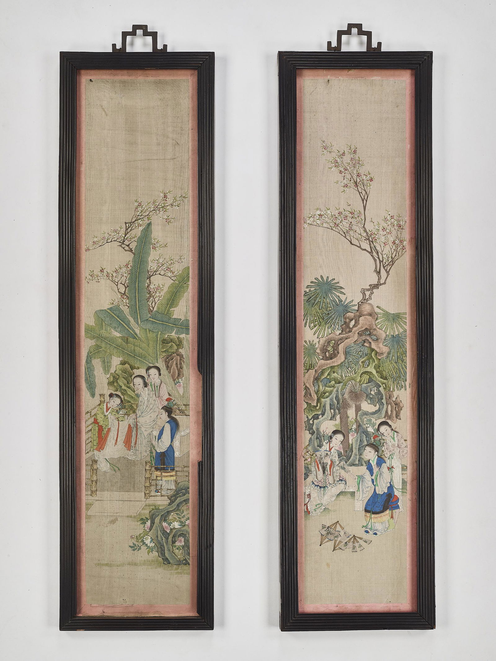 A FINE PAIR OF SILK PAINTINGS, QING: A FINE PAIR OF SILK PAINTINGS, QING China, 19th century. Finely painted in watercolors, gouache and ink on silk with noble ladies and their attendants in palace gardens. Chinese frames, dating 1880-19