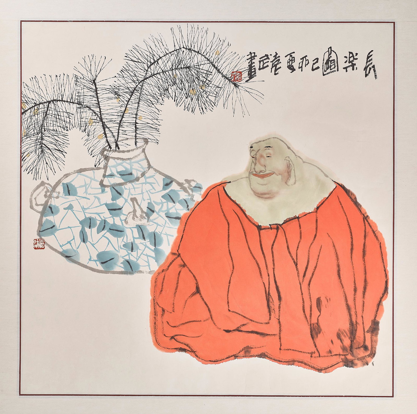 "BUDAI" BY YUAN WU (1959): "BUDAI" BY YUAN WU (1959) China, 1998. Ink and watercolors on paper. Depiction of Budai with gentle smile and benevolent expression, wearing a huge red robe, under which he is likely hiding his sack,