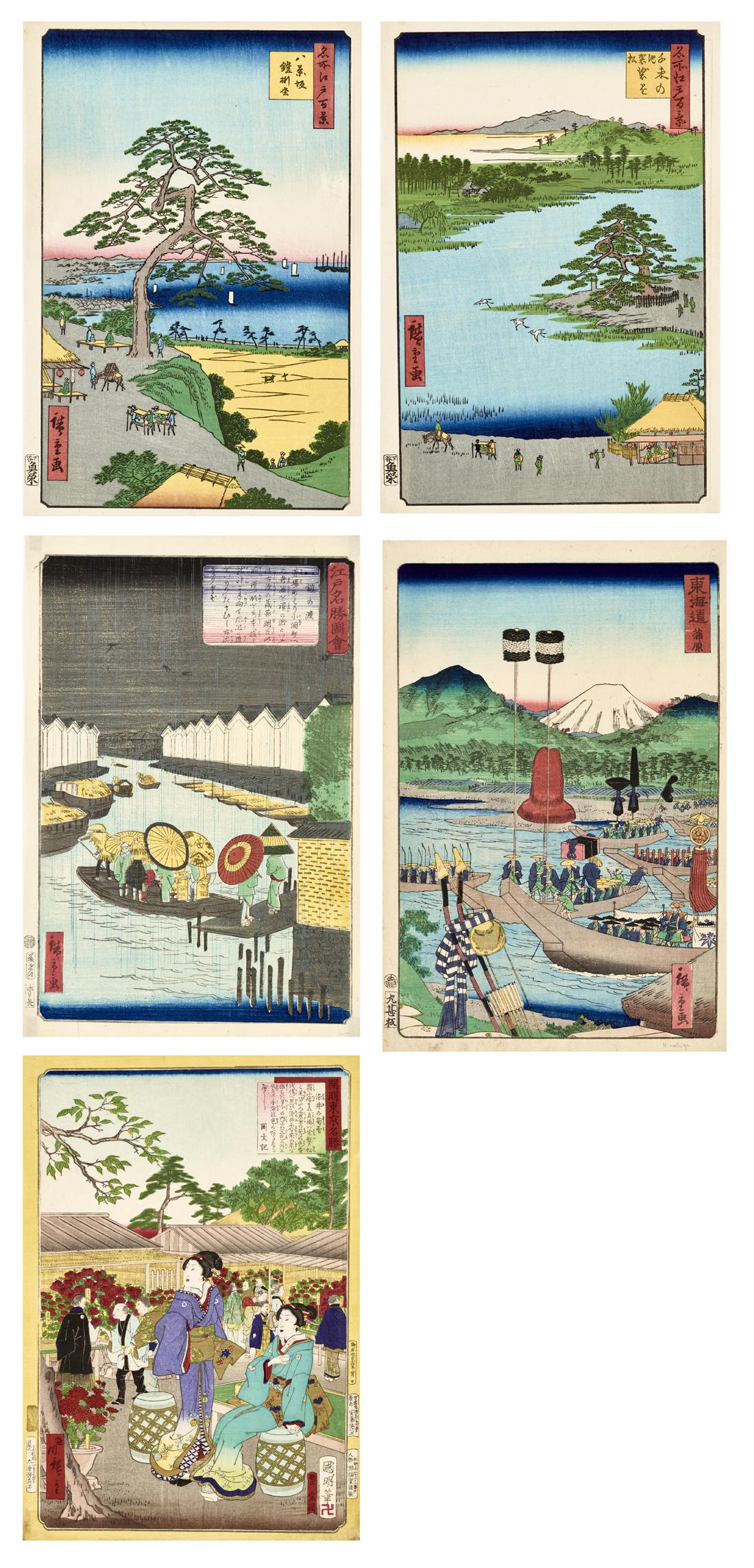 HIROSHIGE: FIVE JAPANESE COLOR WOODBLOCK PRINTS: HIROSHIGE: FIVE JAPANESE COLOR WOODBLOCK PRINTS Japan, 19th century A group of five prints framed in a passepartout; two by Hiroshige I or Ando Hiroshige (1797-1858) from the famous series 'One hundre
