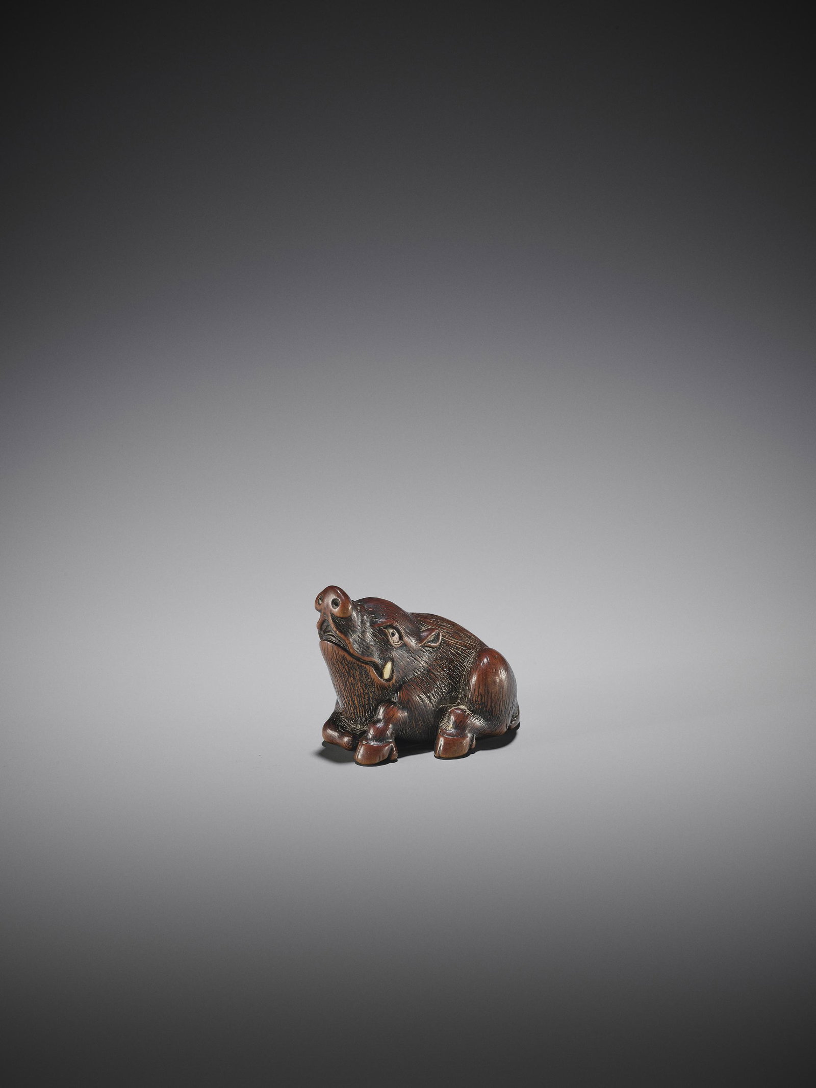 MASANAO: A FINE WOOD NETSUKE OF A RECUMBENT BOAR: MASANAO: A FINE WOOD NETSUKE OF A RECUMBENT BOAR By Masanao, signed Masanao Japan, Ise-Yamada, 19th century, Edo period (1615-1868) The boar (inoshishi) is looking upwards, its tusk inlaid and the eye