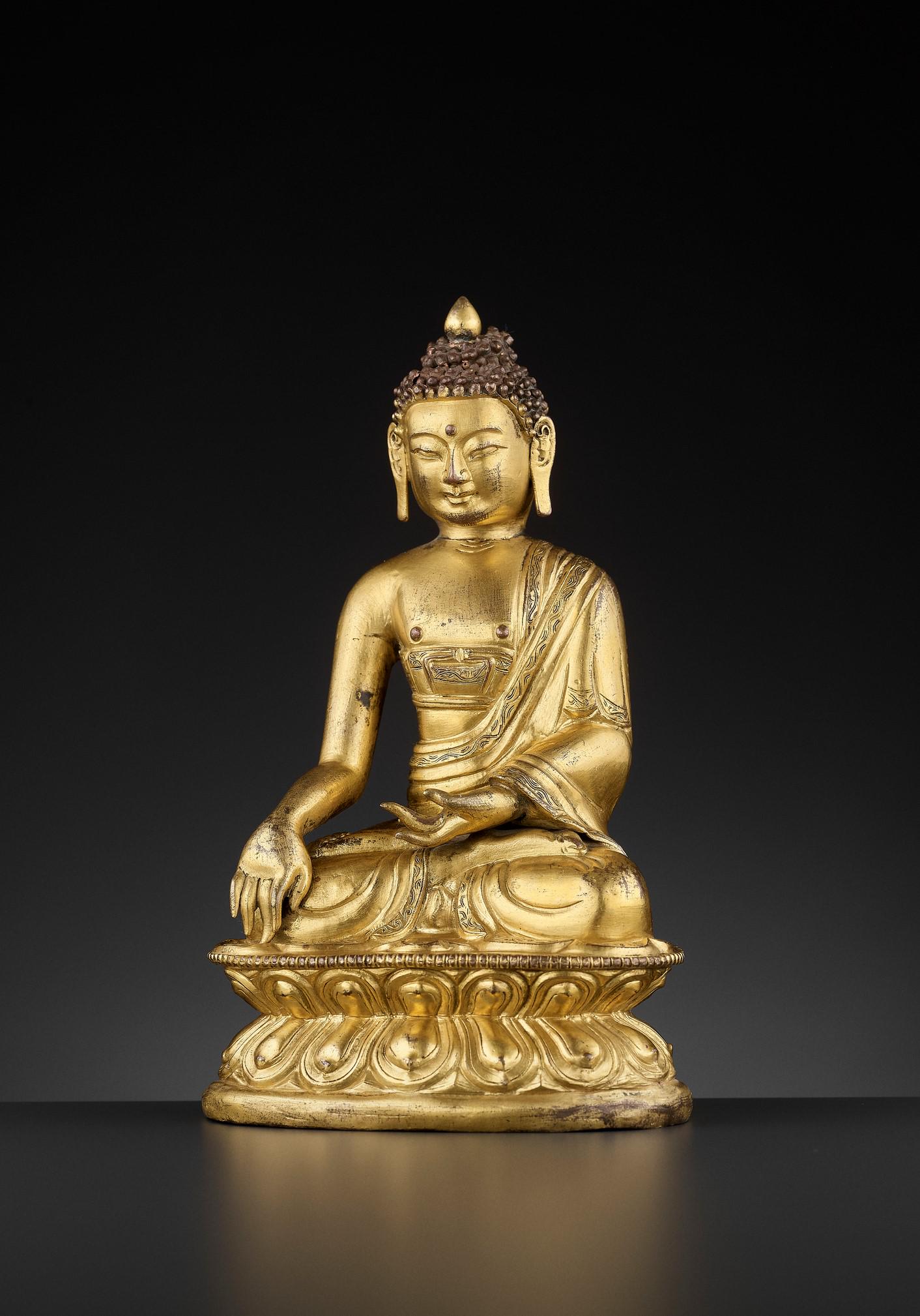 A COPPER REPOUSSE BUDDHA SHAKYAMUNI, 18TH CENTURY: A COPPER REPOUSSE FIGURE OF BUDDHA SHAKYAMUNI, QING DYNASTY China or Mongolia, 18th century. Seated in dhyanasana on a double lotus base, the left hand in dhyanamudra, the right hand in bhumisparsa, w