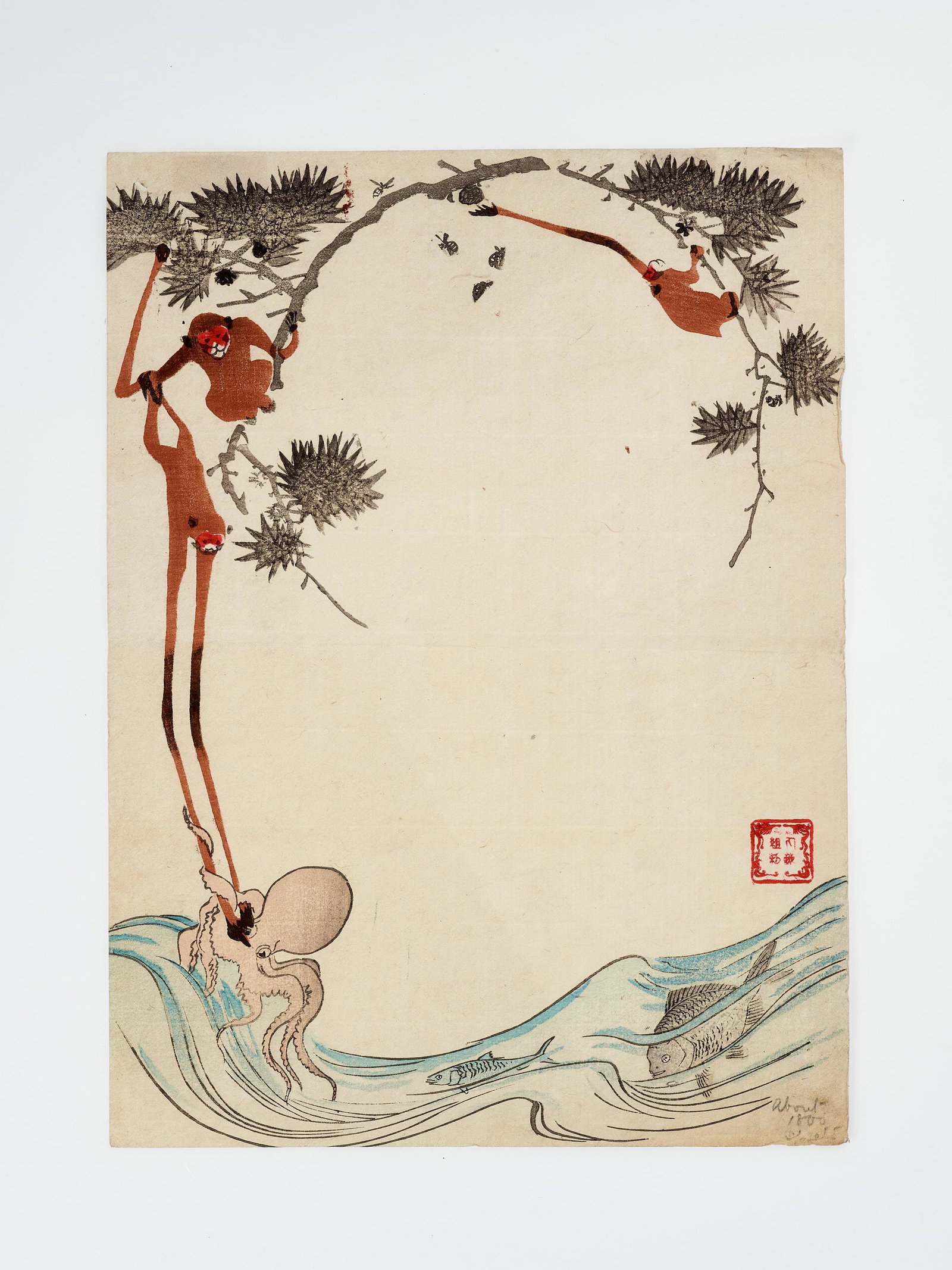 MARUKOSHI: A CHARMING COLOR WOODBLOCK PRINT: MARUKOSHI: A CHARMING COLOR WOODBLOCK PRINT By the Marukoshi group, signed Marukoshi-gumi sei Japan, c. 1870-1882, Meiji period (1868-1912) Depicting a humorous scene of gibbons, horseflies and bees, 