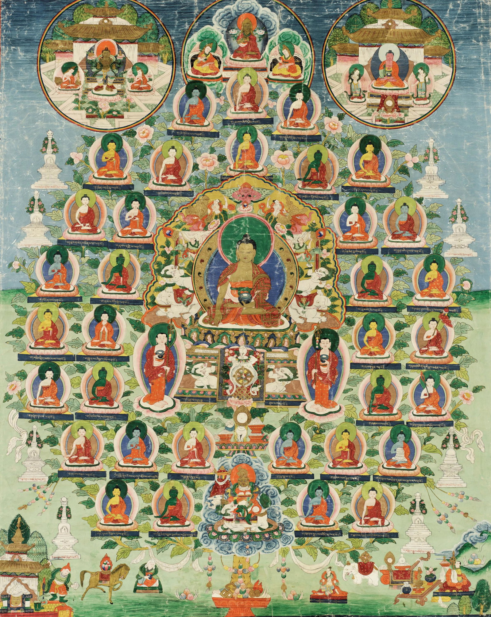 A THANGKA OF BUDDHA SHAKYAMUNI, 18TH-19TH CENTURY: A THANGKA OF BUDDHA SHAKYAMUNI, 18TH-19TH CENTURY Tibet. Distemper and gold on cloth. The central Buddha seated in dhyanasana on a lotus throne supported by Buddhist lions and surrounded by mythical a