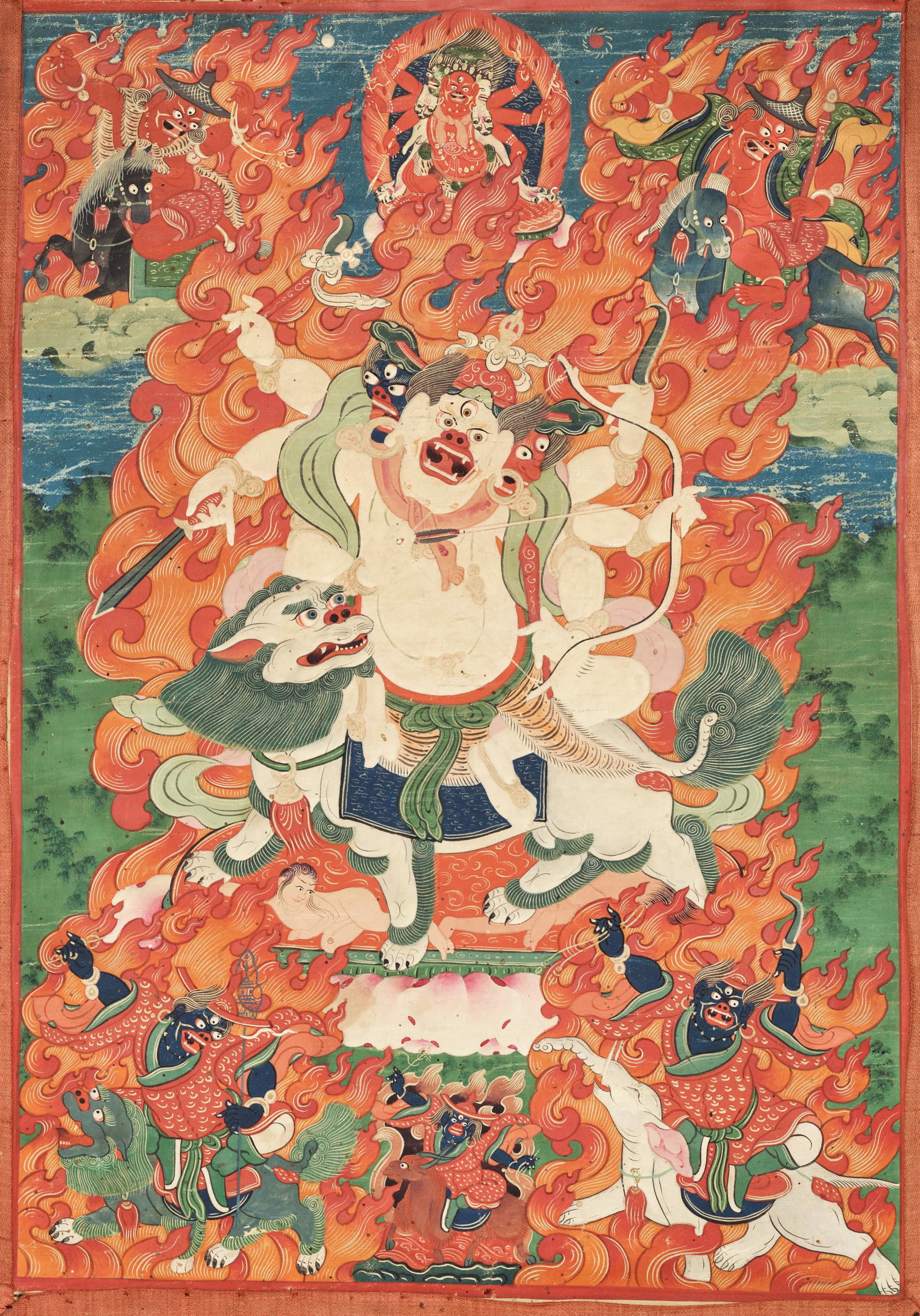 A THANGKA OF PEHAR, 19TH CENTURY: A THANGKA OF PEHAR, 19TH CENTURY Tibet. Distemper and gold on cloth. The worldly protector riding a white Buddhist lion, wearing a tiger's skin, with three three-eyed heads and six arms holding attrib
