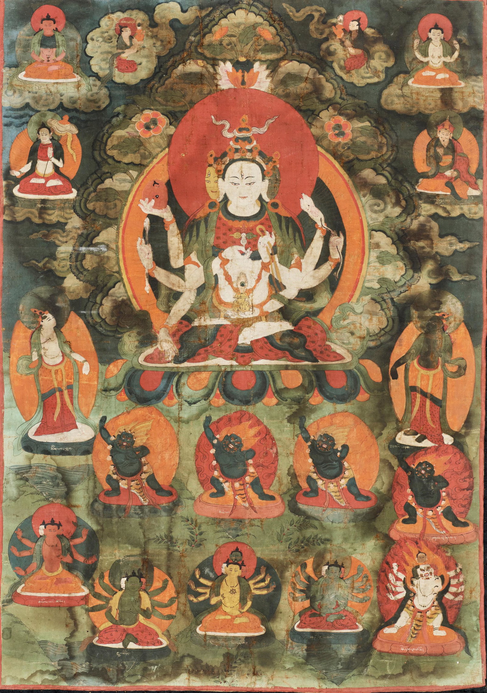 A THANGKA OF USHNISHAVIJAYA, 18TH-19TH CENTURY: A THANGKA OF USHNISHAVIJAYA, 18TH-19TH CENTURY Mongolia. Distemper on cloth. The three-headed Goddess of Longevity seated in dhyanasana on a lotus throne, a mandorla and a red halo behind her. Her pri