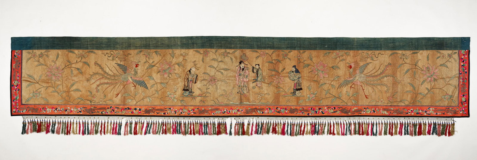 A HUGE ALTAR FRONTAL, EMBROIDERED SILK, QING DYNASTY: A HUGE ALTAR FRONTAL, EMBROIDERED SILK, QING DYNASTY China, 19th century. Depicting a dignitary holding a scepter and being fanned by his attendant in the center, flanked by Shoulao holding a longevit