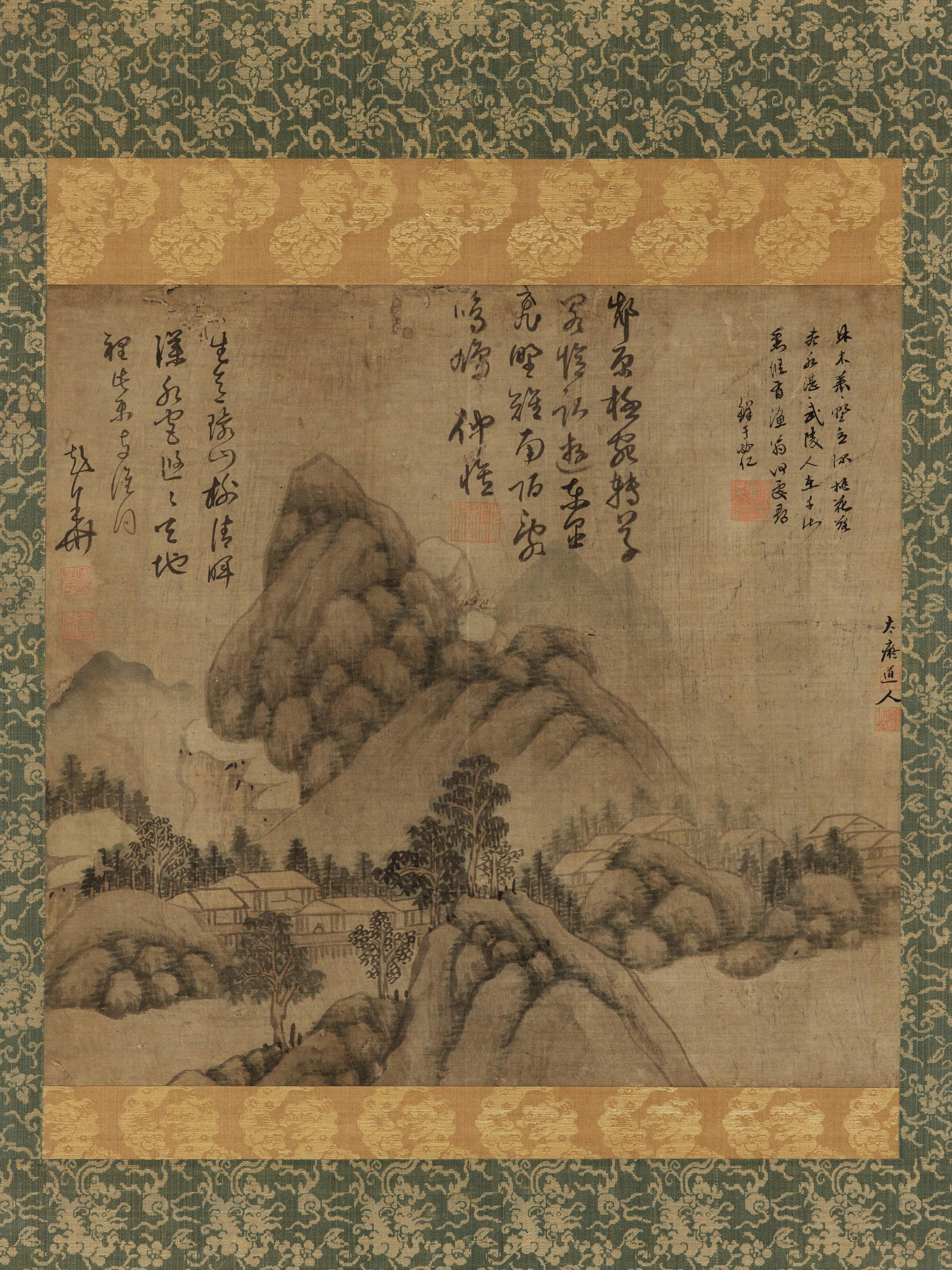 MOUNTAIN LANDSCAPE', ANONYMOUS, YUAN TO MING DYNASTY: 'MOUNTAIN LANDSCAPE', ANONYMOUS, YUAN TO MING DYNASTY Ink on silk. Painted with a series of houses hidden between craggy rocks and dense clusters of trees, all in front of a vast mountain backdrop. Wi