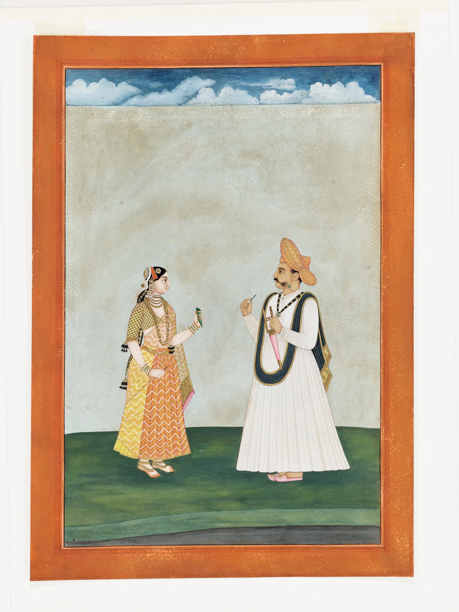 A MINIATURE PAINTING OF A MUGHAL PRINCE AND HIS CONSORT: AN INDIAN MINIATURE PAINTING OF A MUGHAL PRINCE AND HIS CONSORT India, Provincial Mughal, 18th-19th century. Watercolors and gilt on paper, matted. Depicted facing each other, the prince wearing an or