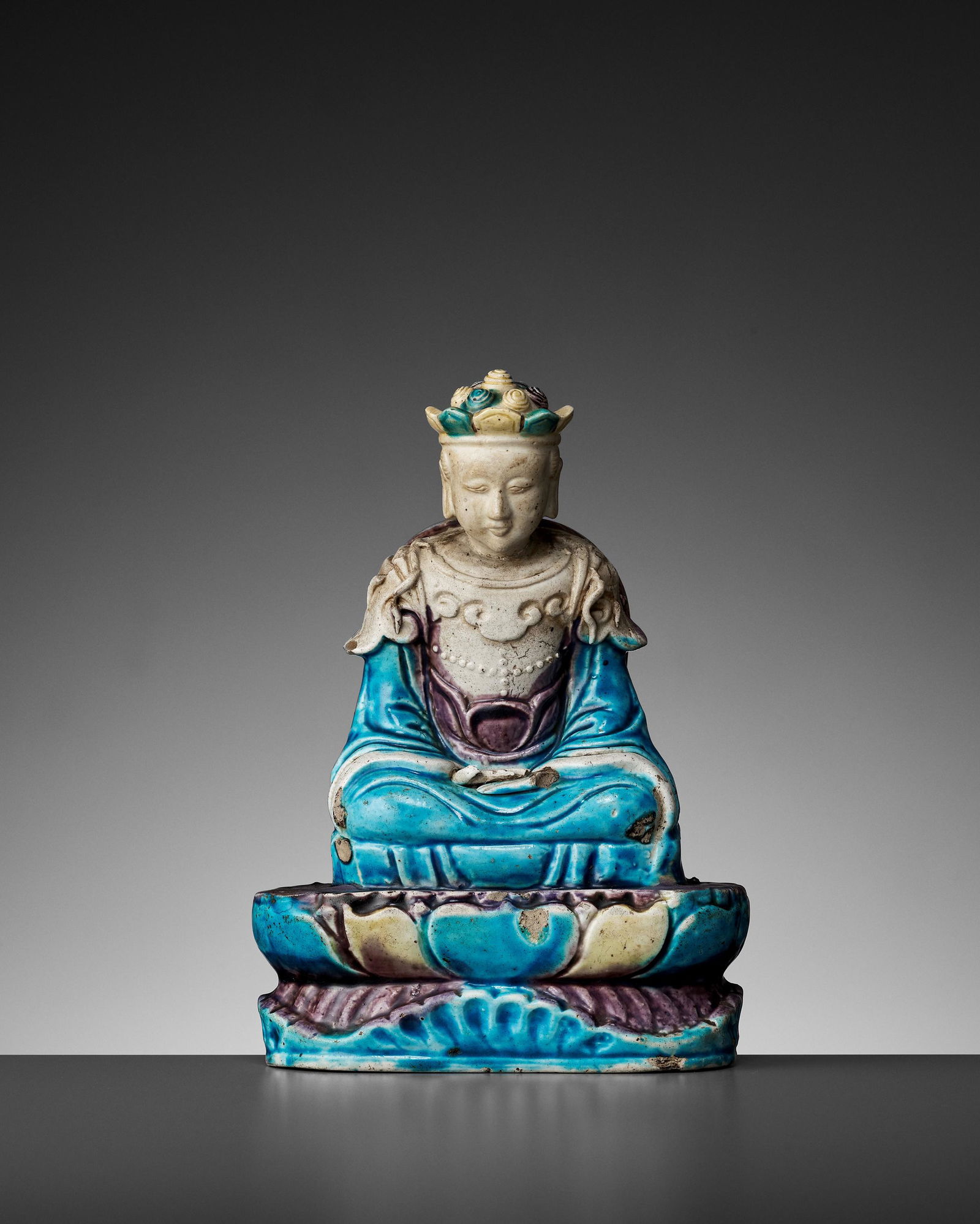 A FAHUA BISCUIT FIGURE OF KSITIGARBHA, LATE MING (1 of 10)