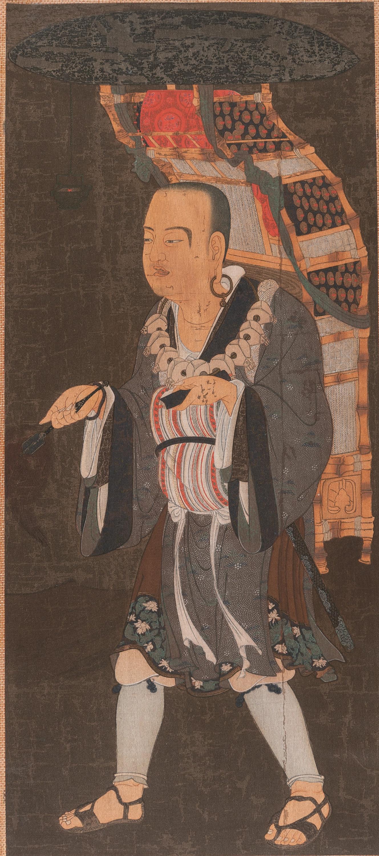 A HAND-COLORED WOODBLOCK PRINT DEPICTING XUANZANG (1 of 7)
