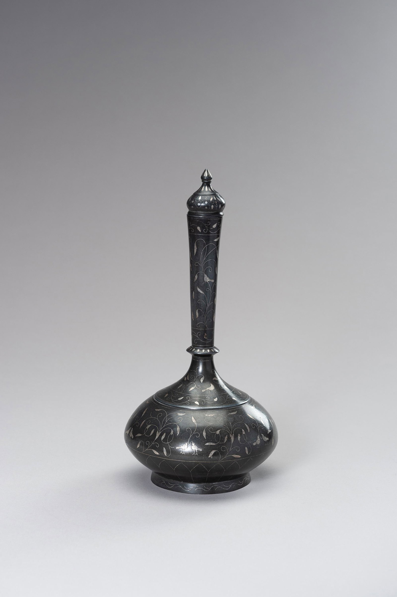 A MUGHAL STYLE BRONZE AND SILVER FLASK WITH STOPPER (1 of 10)